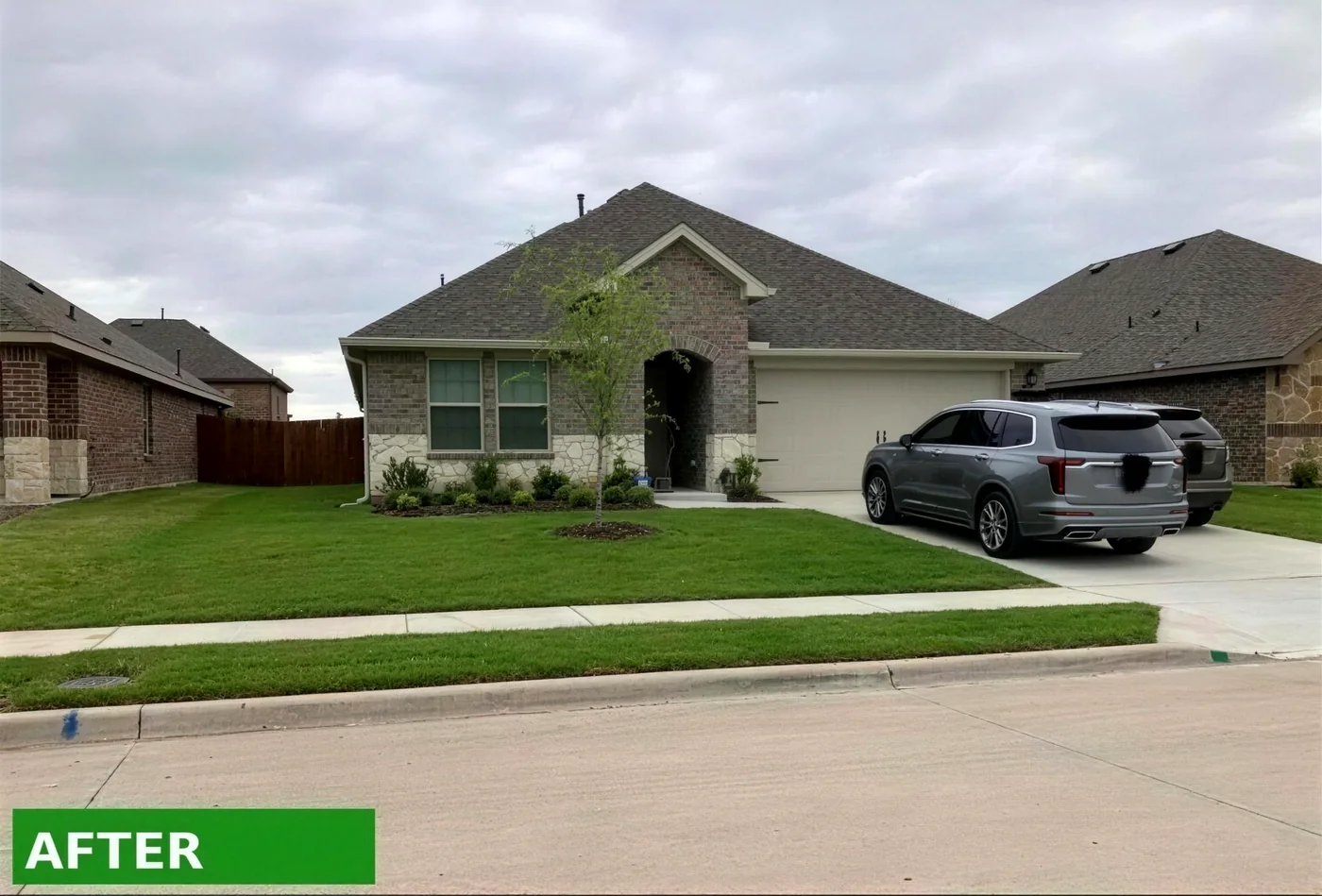 New-build front lawn after Mahalic and Sons install and mowing, thick green turf