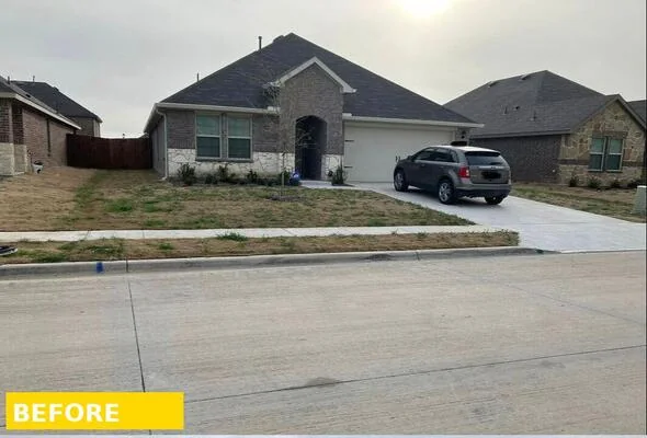 Same new-build lot before service, bare dirt with no turf established
